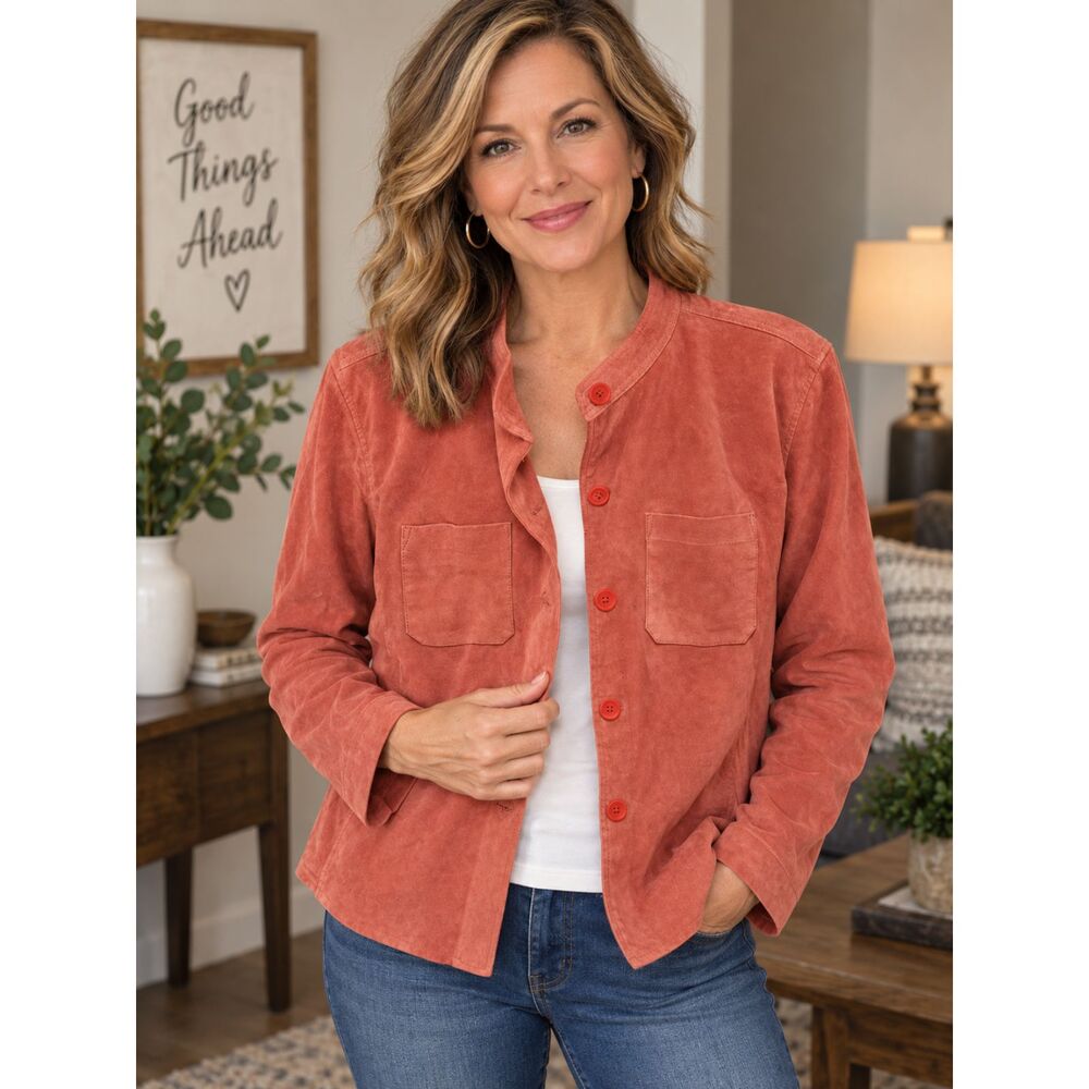 Women's Charter Club Suede Leather Jacket Adult XL Button Up Grapefruit color
